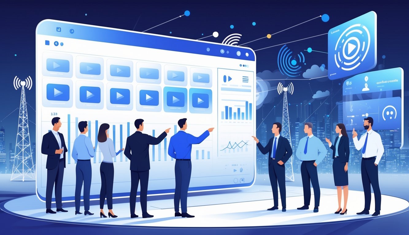A group of professionals analyzing streaming platform data on digital screens with symbols of broadcast and streaming technology in a cityscape background.