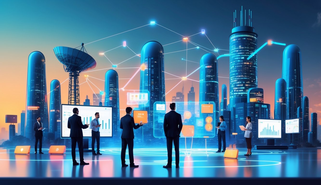 A futuristic cityscape with professionals using holographic screens, streaming devices, and a fading broadcast tower symbolizing the shift from traditional TV to digital streaming.