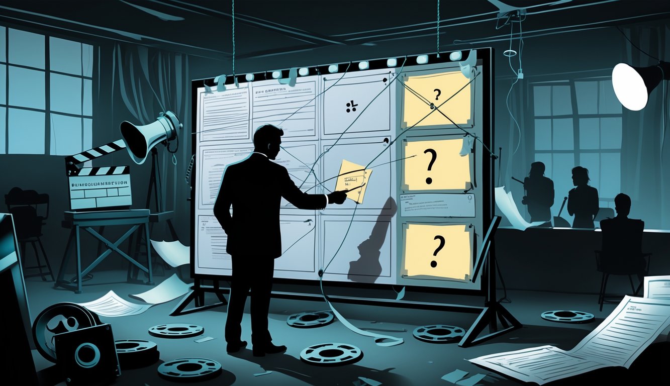 A movie studio scene showing a shadowy figure manipulating a storyboard with strings, surrounded by film reels, scripts, and actors rehearsing in the background.