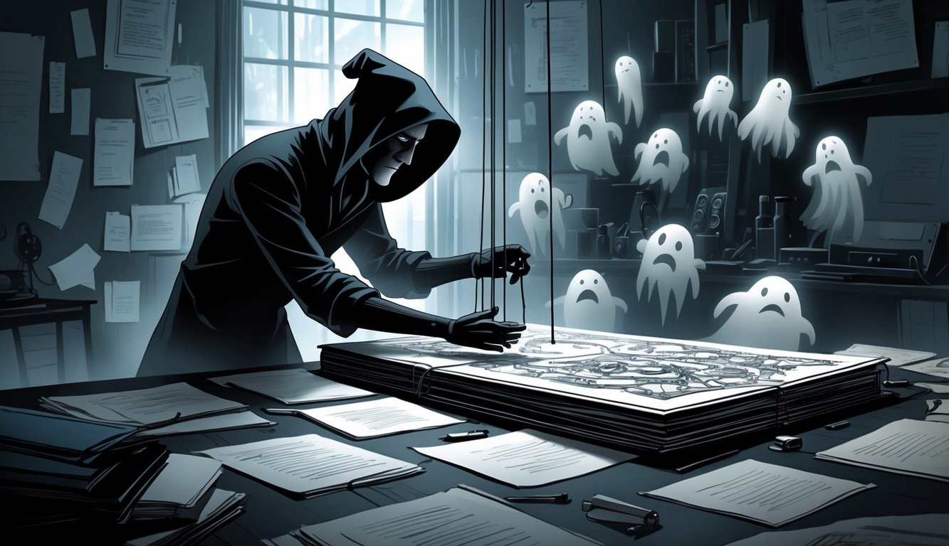 A shadowy figure manipulates a storybook with strings like a puppeteer, surrounded by scattered scripts and ghostly images of surprised characters.