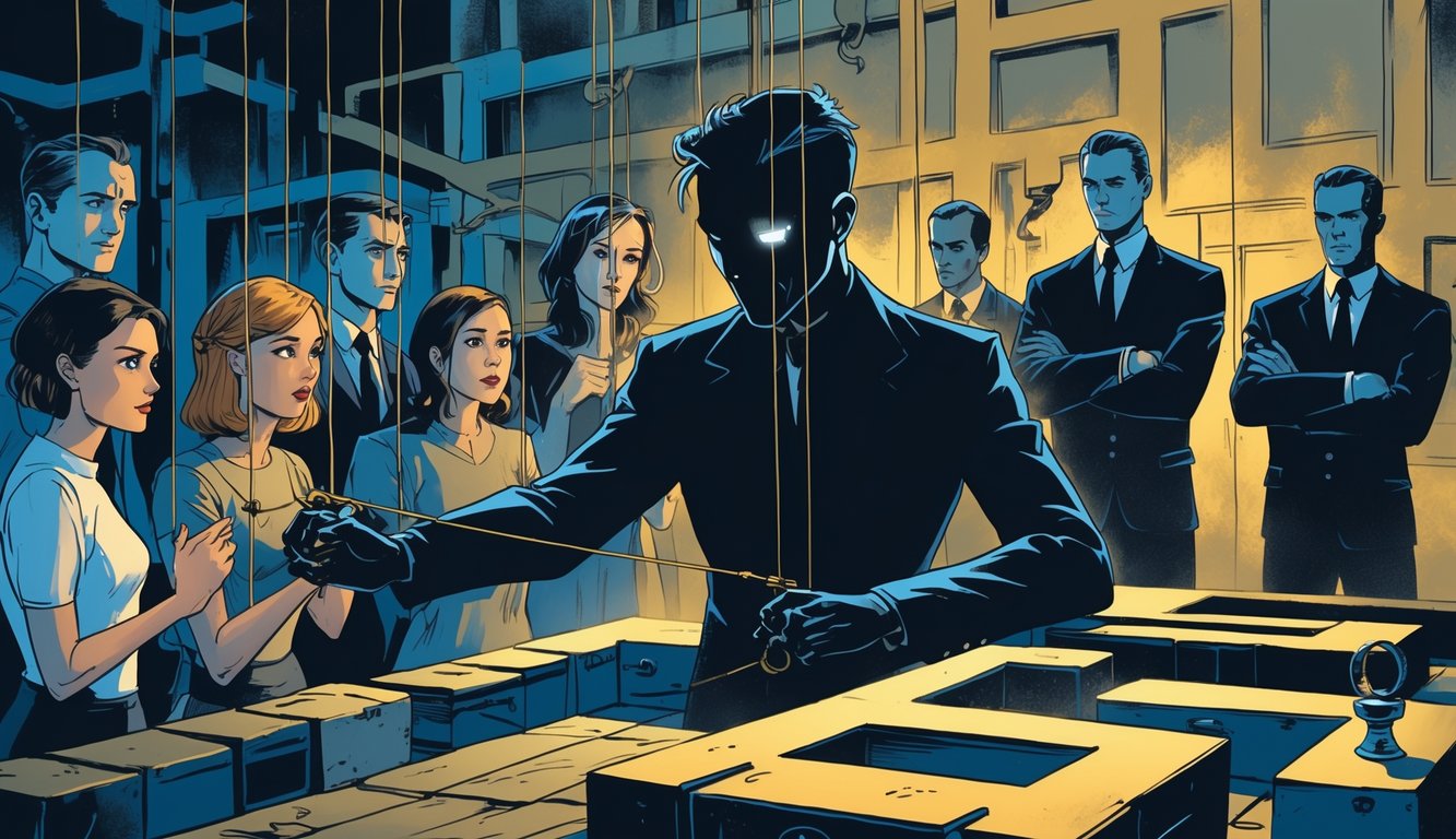 A shadowy figure manipulates puppet strings controlling various characters in front of a maze with hidden doors, while a group of producers watches secretly in the background.