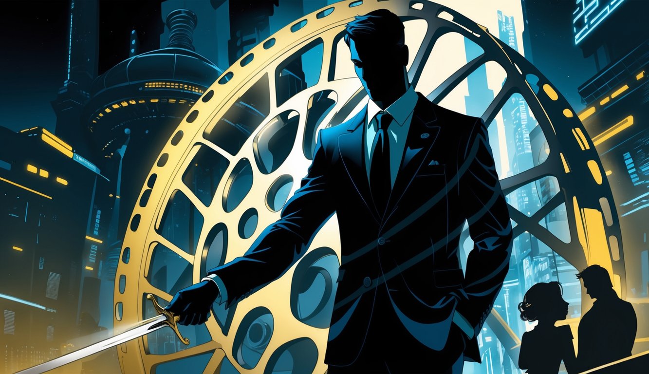 A shadowy figure partially hidden behind a large film reel, surrounded by symbols of different genres like a glowing sword, a futuristic city, a magnifying glass, and a blurred couple, suggesting hidden plot twists in storytelling.