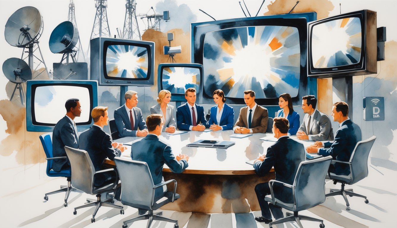 A group of professionals in a television studio conference room discussing around a table, surrounded by multiple TV screens and broadcast equipment.