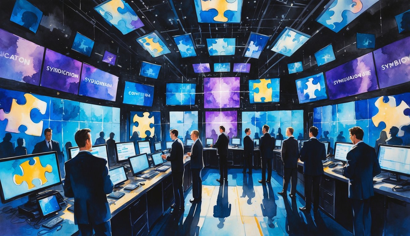 A busy television studio control room with multiple screens showing interconnected puzzle pieces and lines, shadowy business figures talking quietly, and blurred network logos in the background.