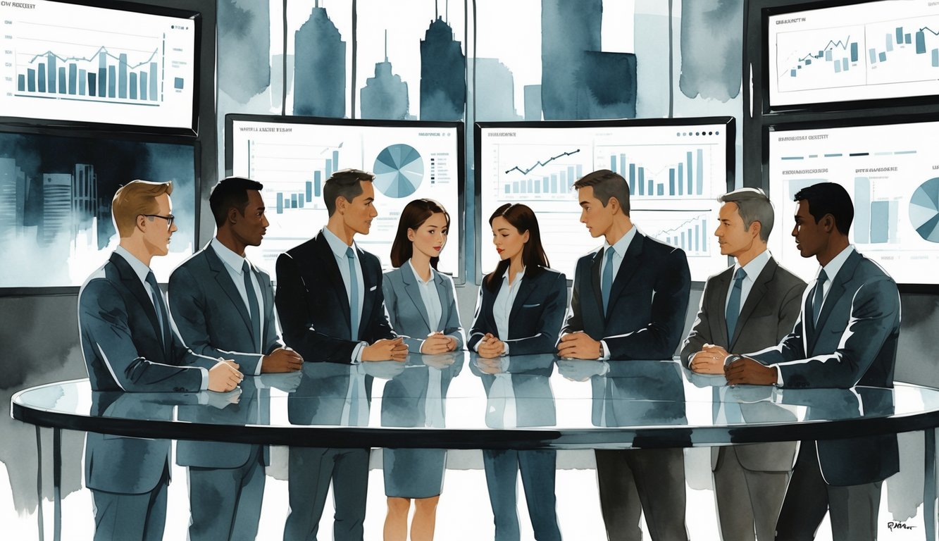 A group of business professionals having a serious discussion around a glass table in a newsroom studio with screens showing financial charts and a city skyline in the background.