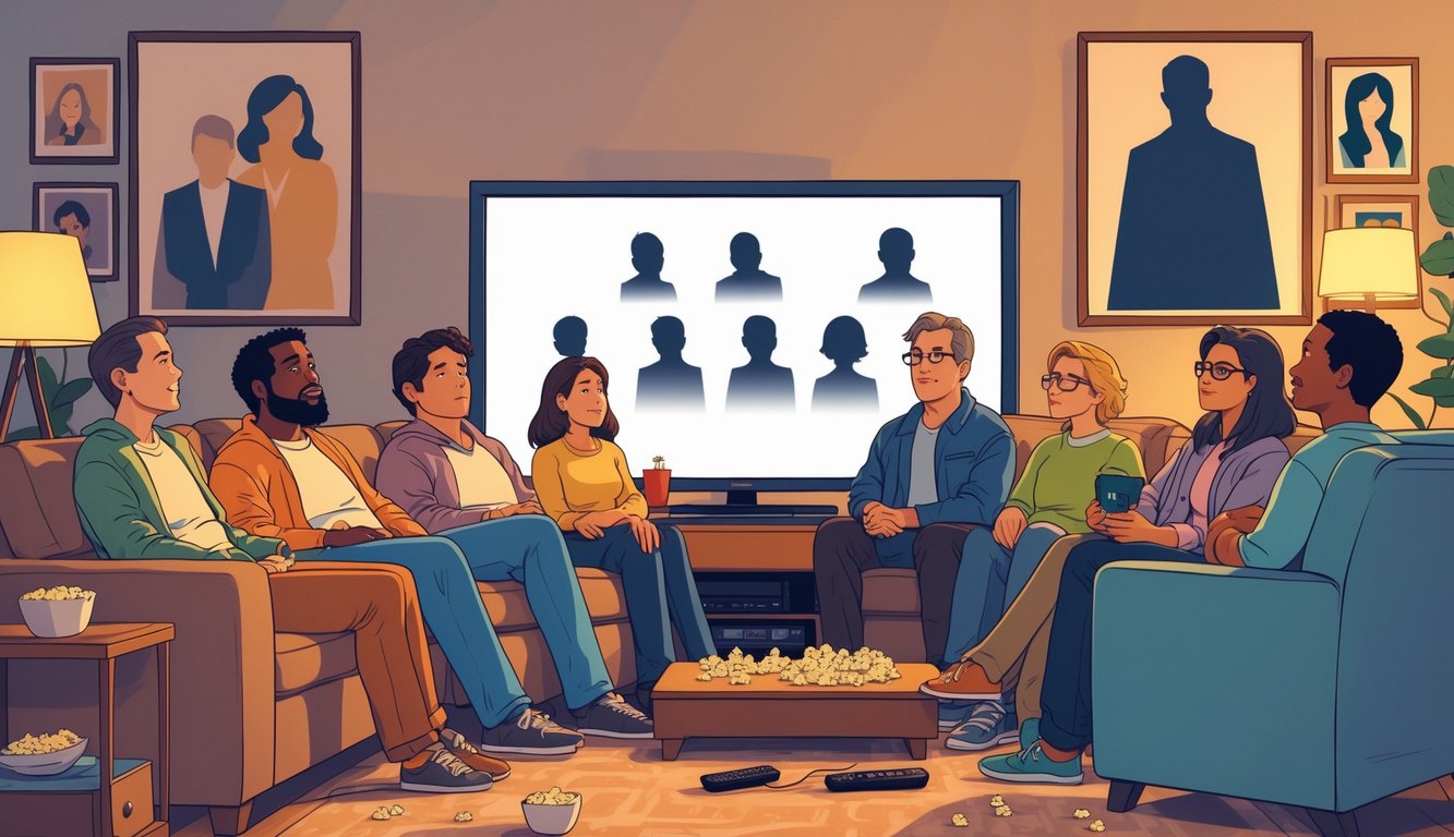 A group of people sitting in a living room watching TV with disappointed expressions, surrounded by popcorn and remote controls.