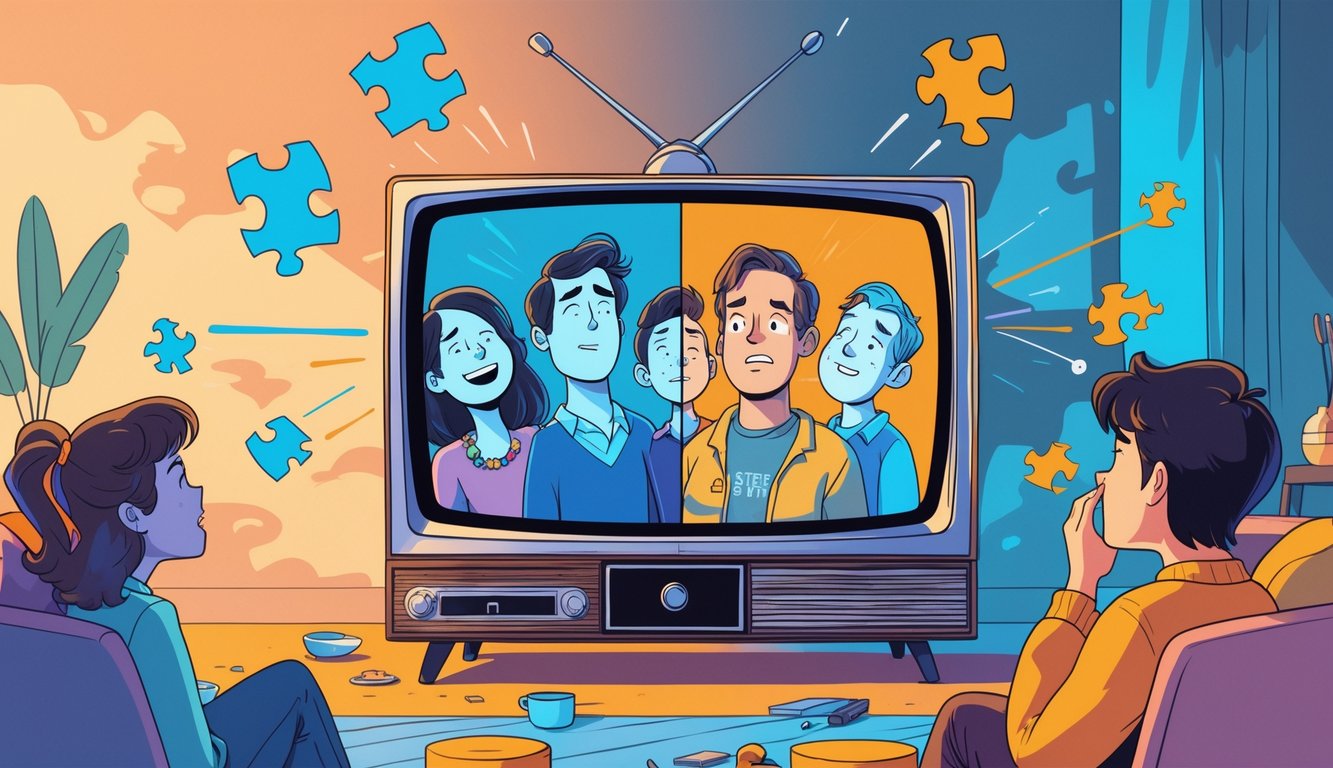 A living room scene with a TV showing two different shows side by side; on one side, viewers watch happily, while on the other, viewers look disappointed and bored.