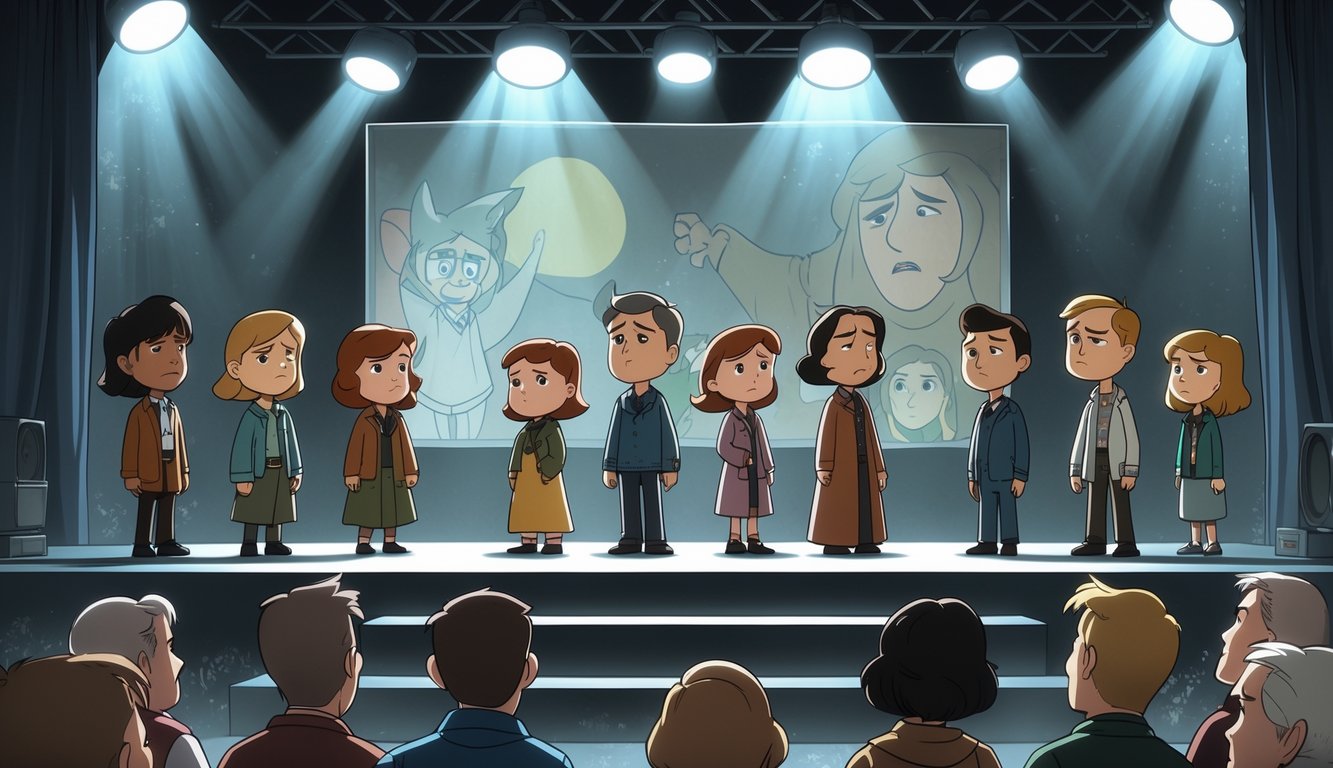 Beloved TV characters on a dimly lit stage looking disappointed while an audience watches with mixed emotions.