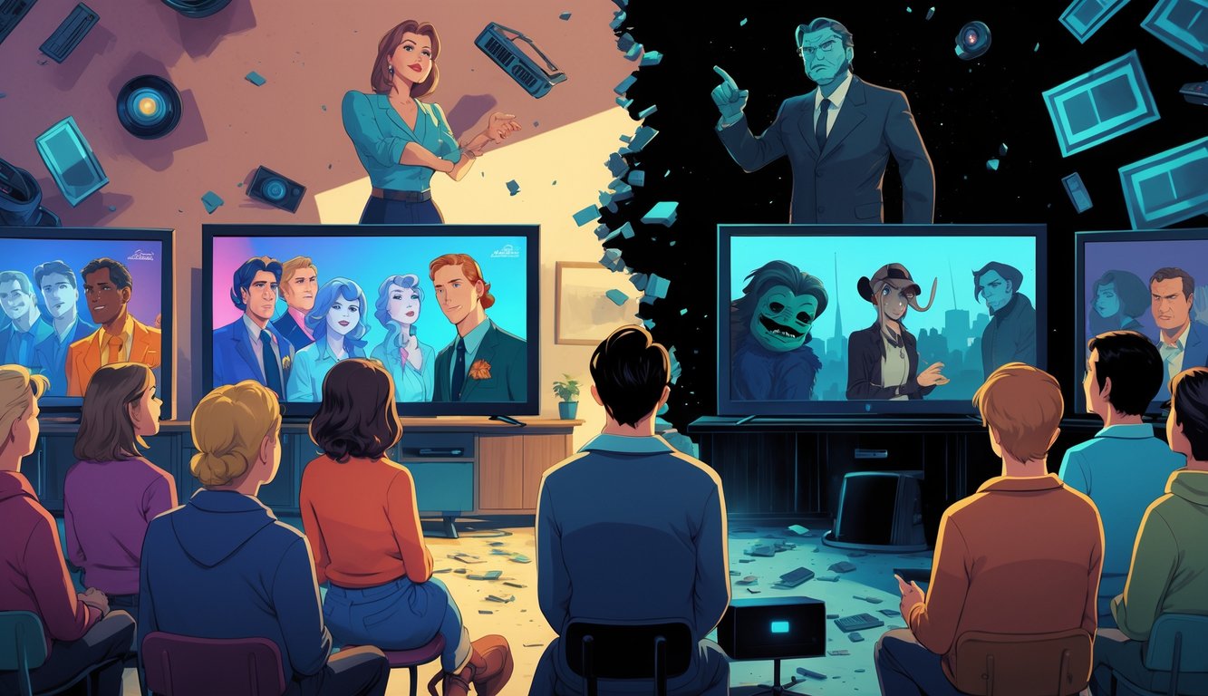 Viewers watching side-by-side scenes of original classic TV characters and their darker, modern spin-off versions, showing mixed emotions of nostalgia and disappointment.