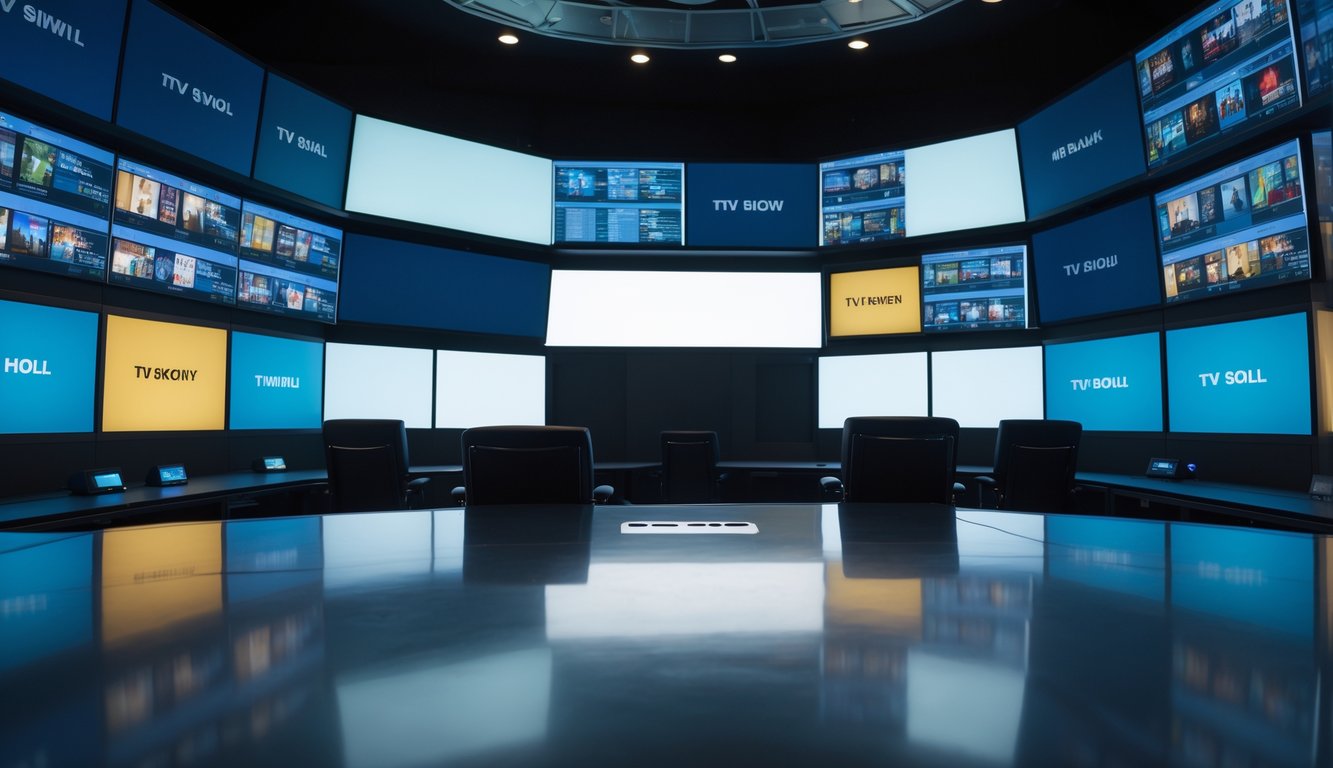 Empty television studio control room with multiple screens showing paused or blank TV show thumbnails and a blank spot on the digital schedule board.