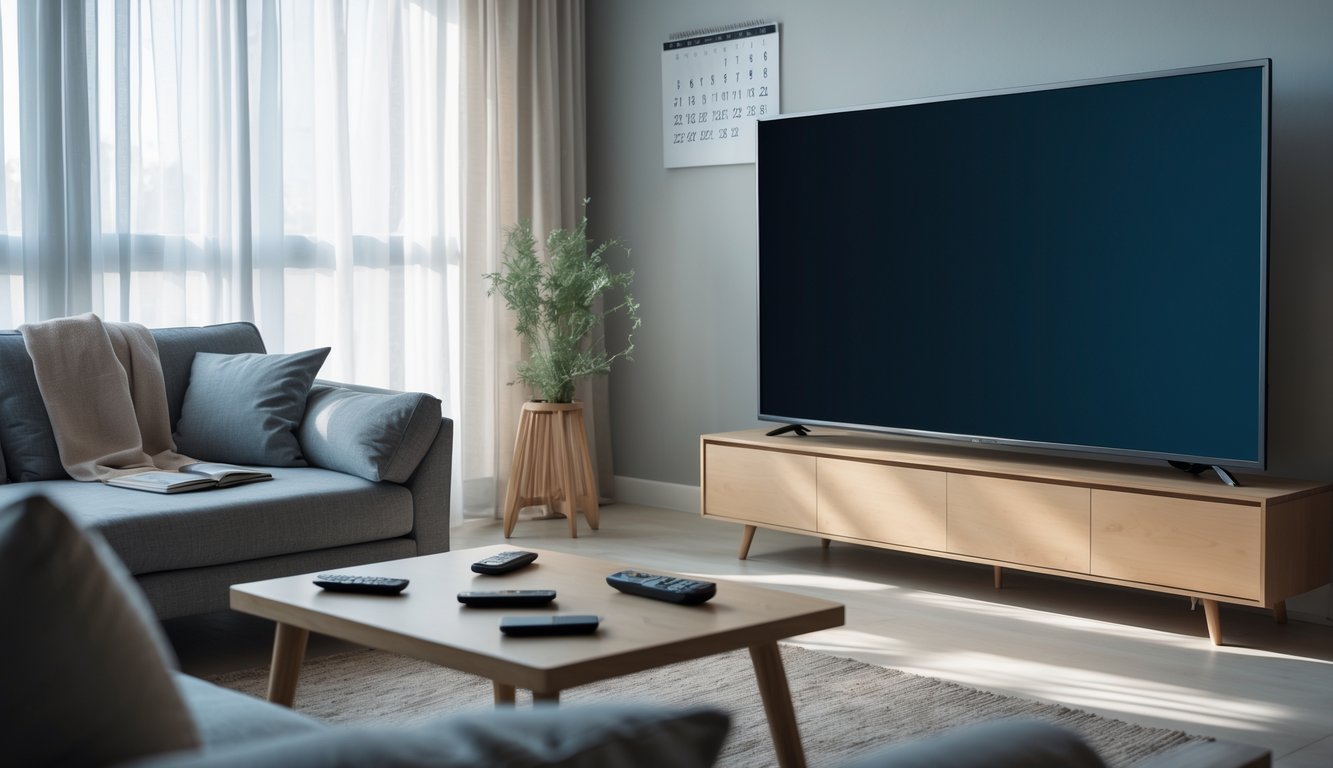 A living room with a turned-off TV, sofa, coffee table with remotes, and a calendar on the wall.