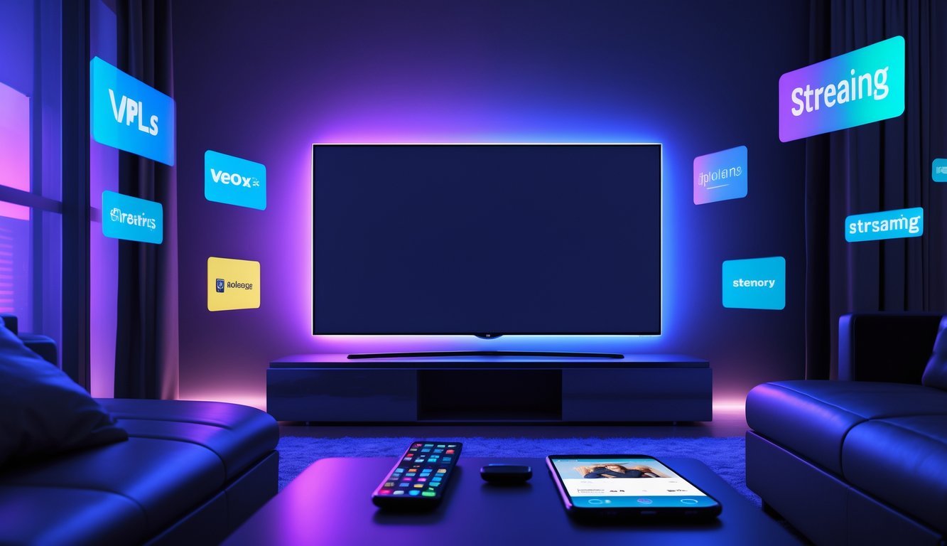 A modern living room with a large flat-screen TV turned off, surrounded by floating streaming service logos and a coffee table holding a remote control and smartphone displaying a streaming app.