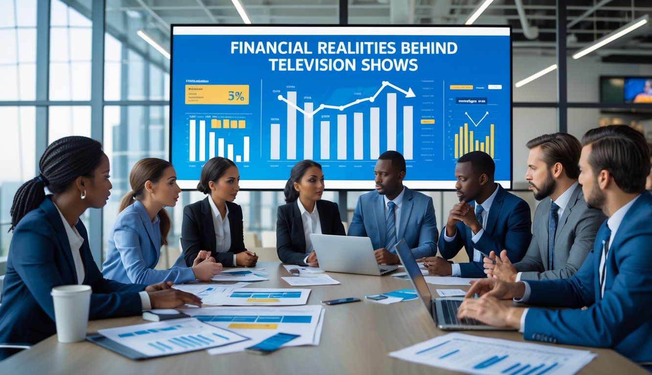 Business professionals in an office discussing financial charts and data related to television show cancellations.