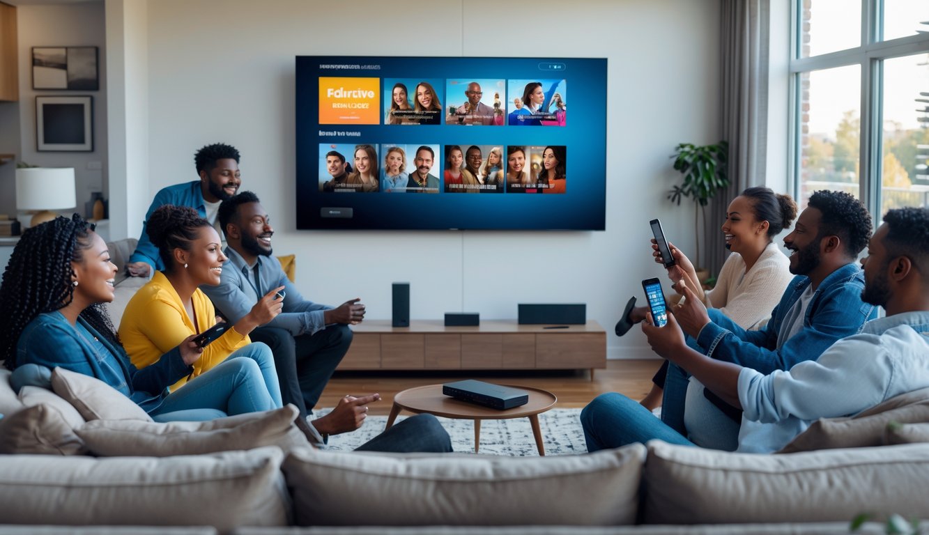 A group of people watching a large TV in a modern living room displaying a streaming platform with colorful movie and series thumbnails.