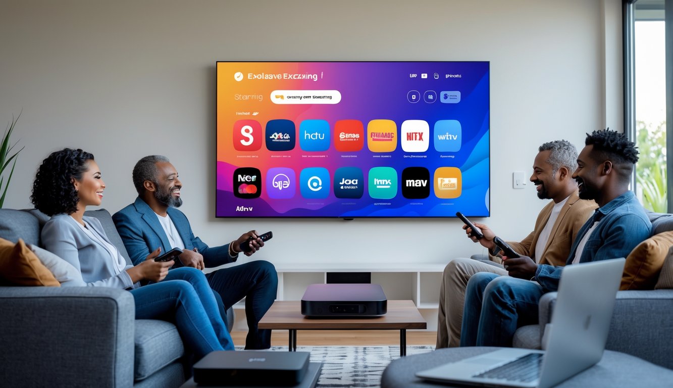 Three adults sitting on a sofa watching a large smart TV displaying streaming service logos in a bright living room.