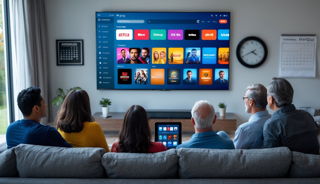 People watching a smart TV showing a streaming service interface in a bright living room with a tablet displaying a similar app nearby.