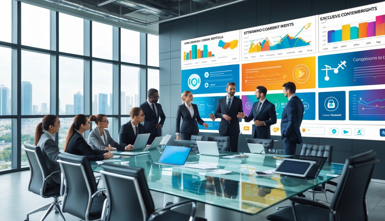 Business professionals in a modern office discussing streaming strategies around a table with digital devices and a large screen displaying streaming data and visuals.