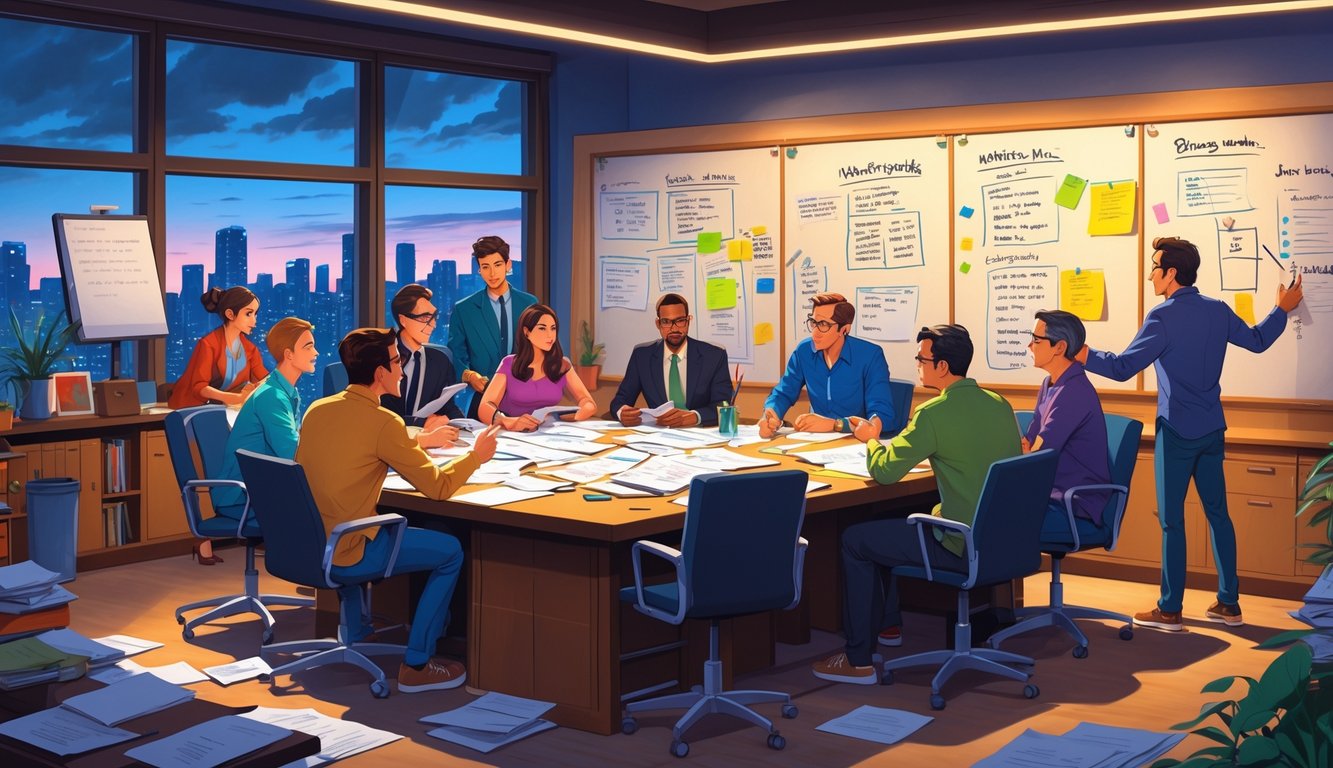 A group of writers collaborating around a table covered with scripts and notes in a creative writers' room with storyboards and a cityscape visible through a window.
