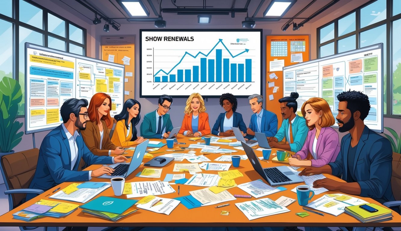 A group of writers collaborating around a table covered with scripts and notes in a bright room, with a screen showing a rising graph in the background.