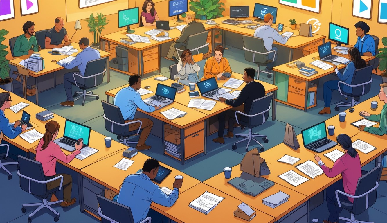 A group of writers collaborating in several small connected rooms with laptops and scripts, surrounded by icons representing streaming platforms.