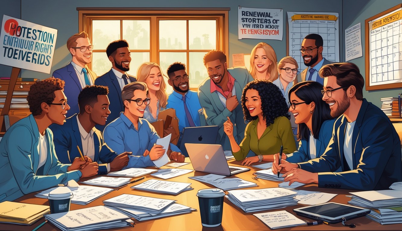 A group of diverse writers collaborating in a busy writers' room surrounded by storyboards, scripts, and laptops, with subtle symbols of advocacy and teamwork visible in the background.