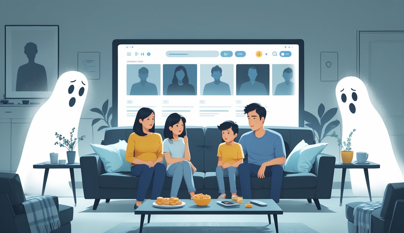 A family of four sitting on a couch watching a TV with streaming profiles, showing mixed emotions of discomfort and concern.