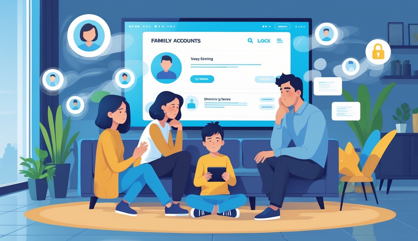 A family of four in a living room with a TV showing a streaming service, parents looking concerned while children use devices, surrounded by floating digital icons representing privacy.