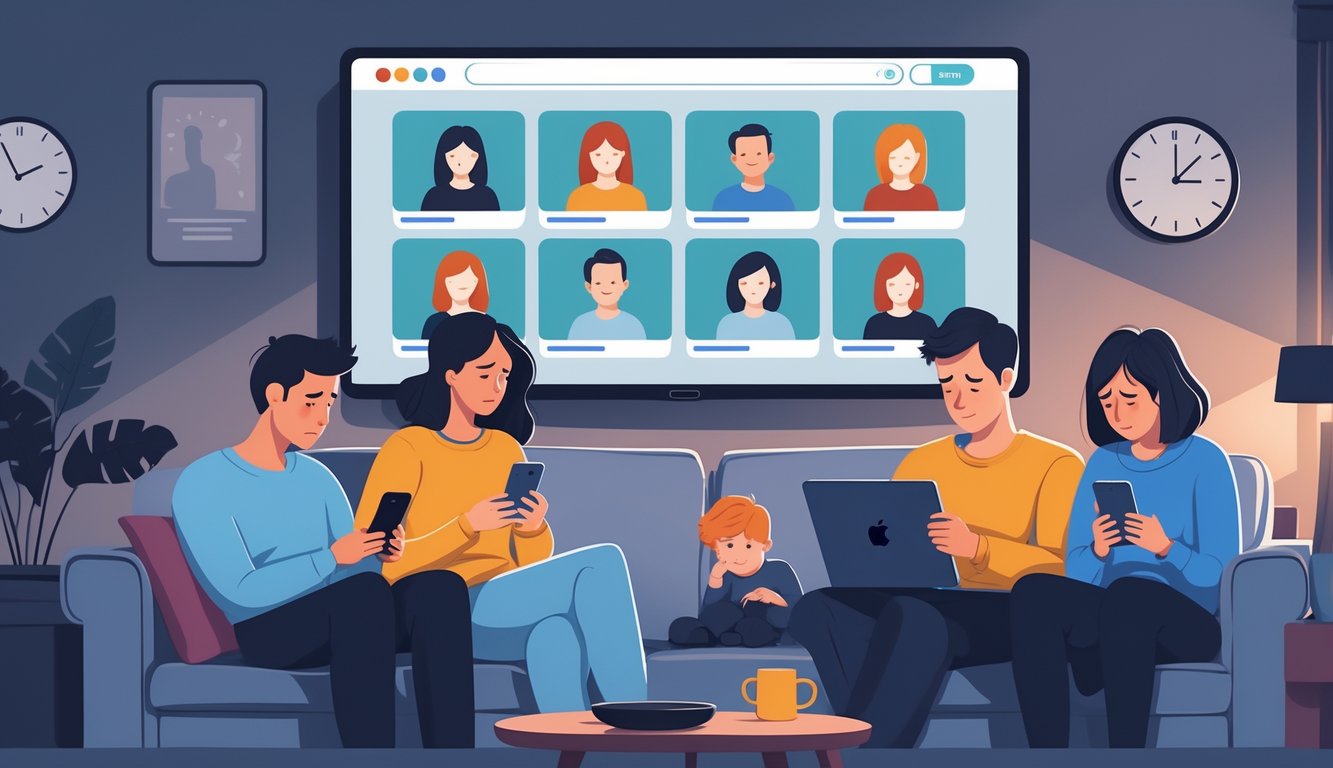 A family of four sitting together in a living room, each focused on their own device, looking emotionally distant and disconnected while a TV screen shows multiple user profile icons.