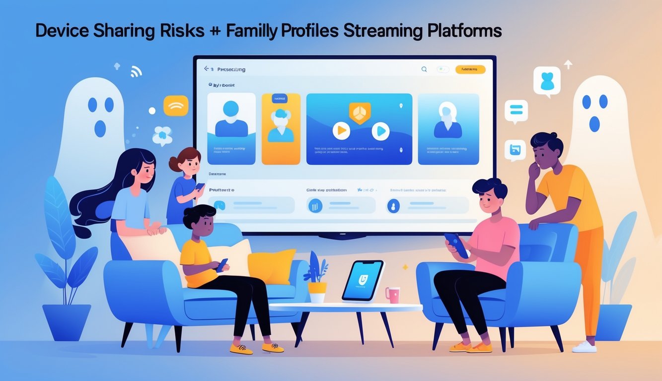 A family in a living room using various devices to watch streaming content, with subtle shadows representing online safety risks.