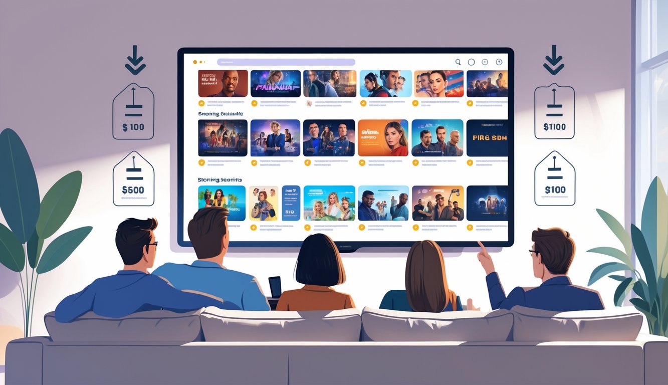 Feature image A family sitting on a sofa watching a TV screen showing streaming service content with symbols indicating price increases and options to skip shows.