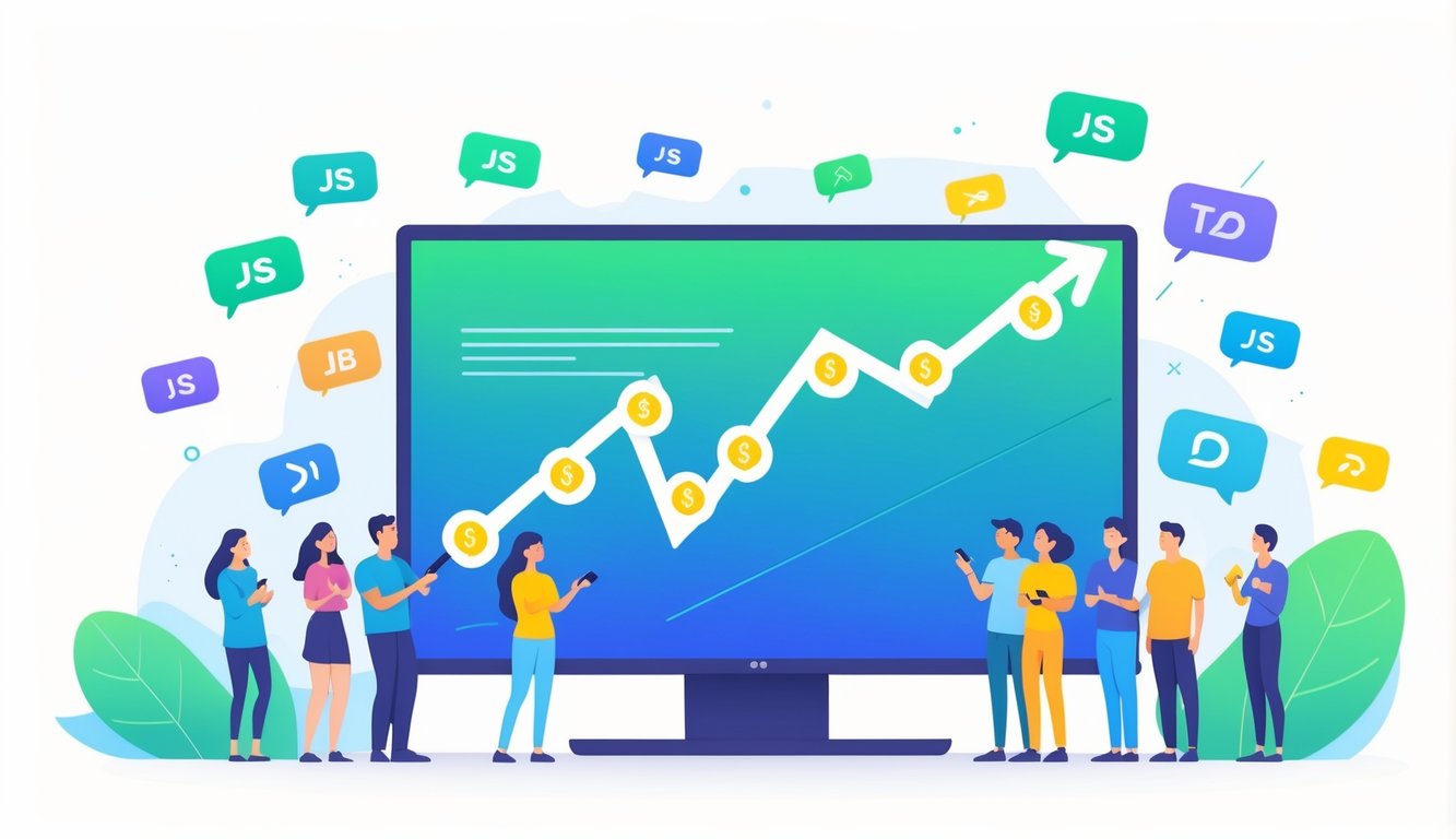 A group of diverse viewers watching a TV showing an upward price graph with streaming service icons floating around, some dimmed to indicate skipping content.