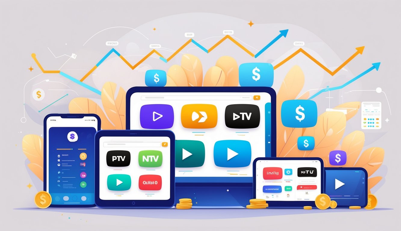 A collection of digital devices showing streaming platform icons with upward arrows and financial symbols representing price increases.