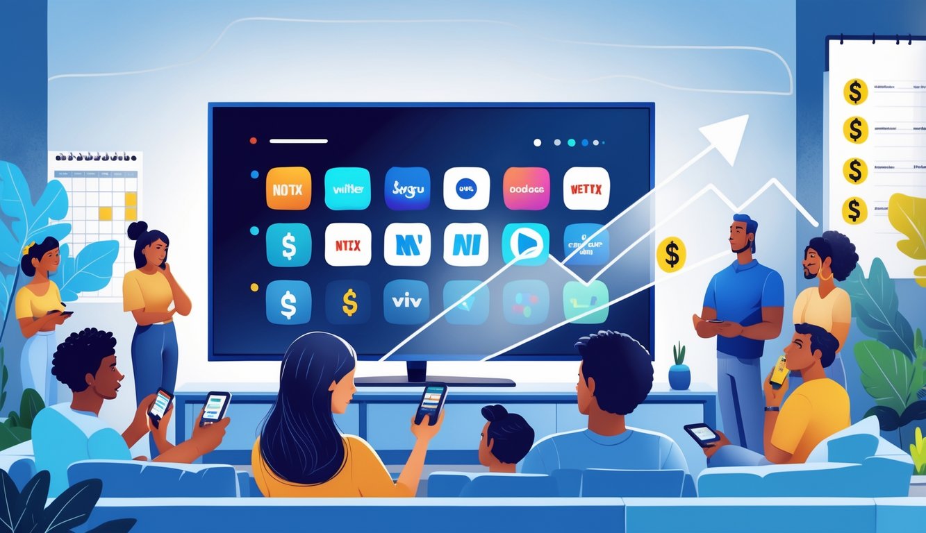 A living room with a large TV showing streaming service icons, viewers holding remotes and tablets looking thoughtful, and graphical elements indicating price increases and choices about subscriptions.