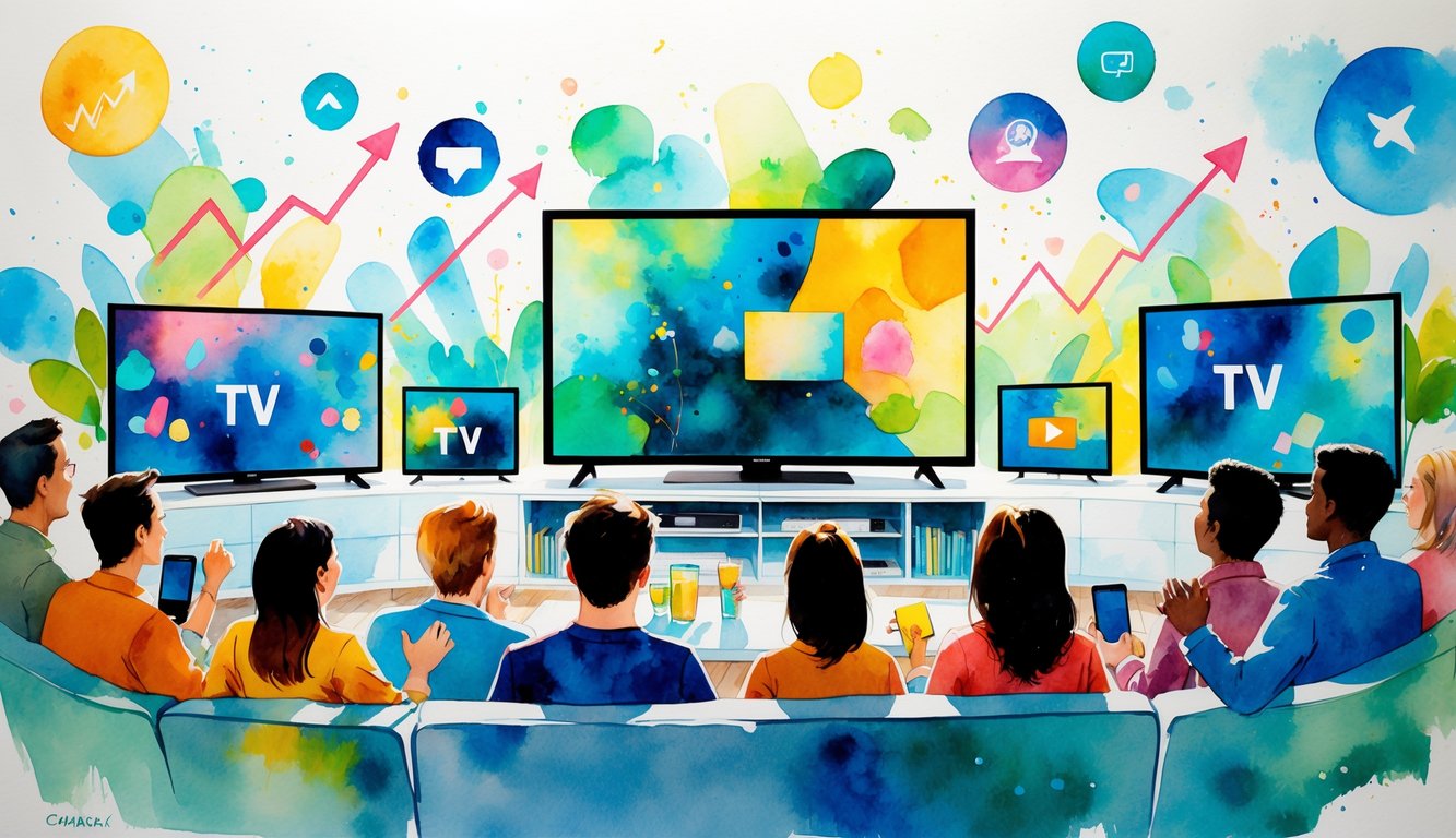 A lively living room with diverse people watching several TVs showing colorful abstract patterns, surrounded by symbols of growth and excitement.