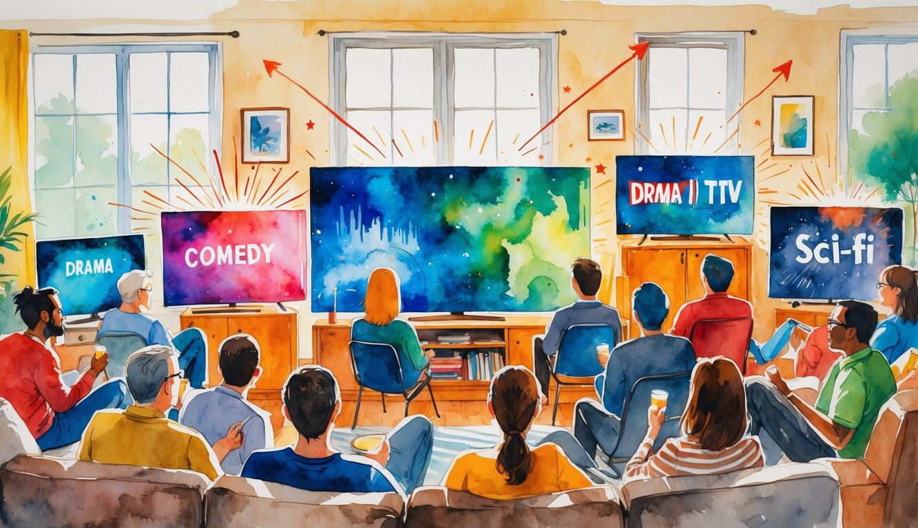 A lively living room with diverse people watching multiple TV screens showing different genres, expressing excitement and interest.