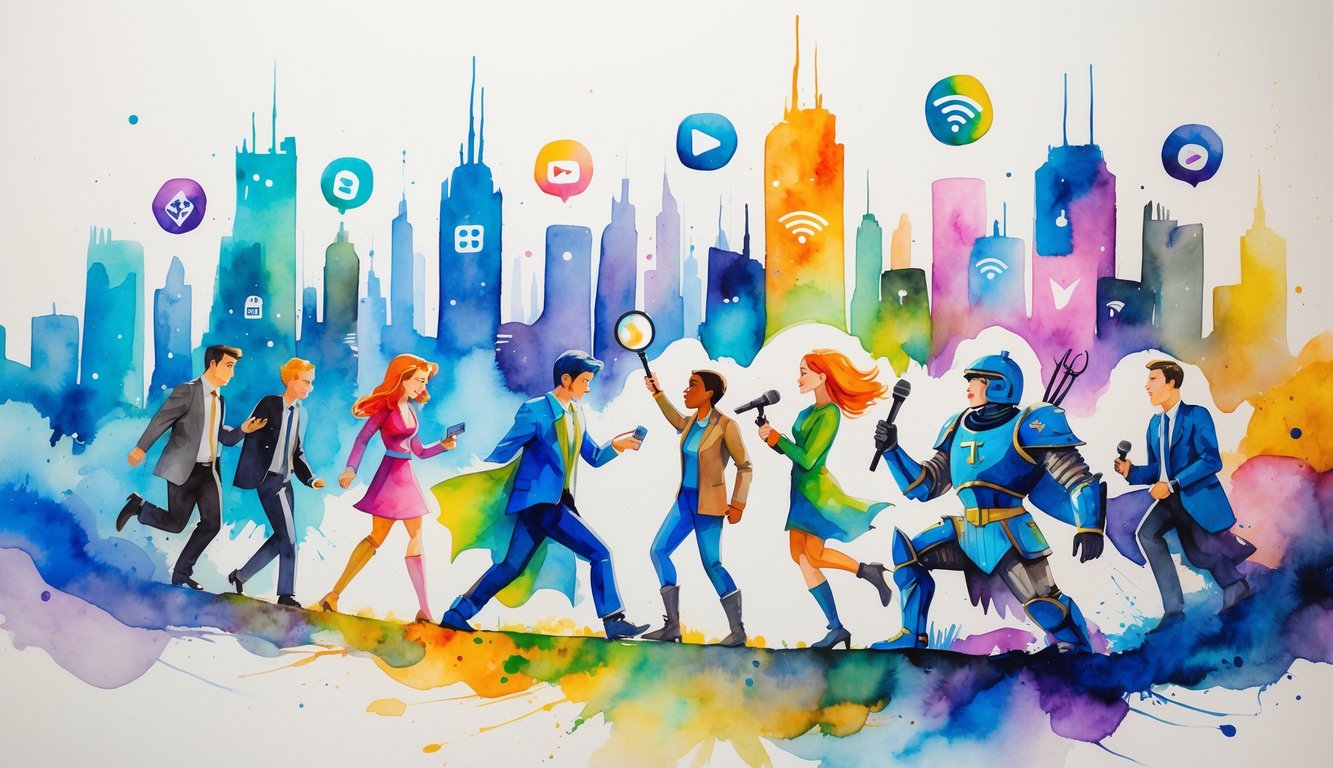 A colorful scene showing diverse characters from different TV genres interacting in front of a cityscape with streaming symbols, representing the evolution and blending of TV genres.