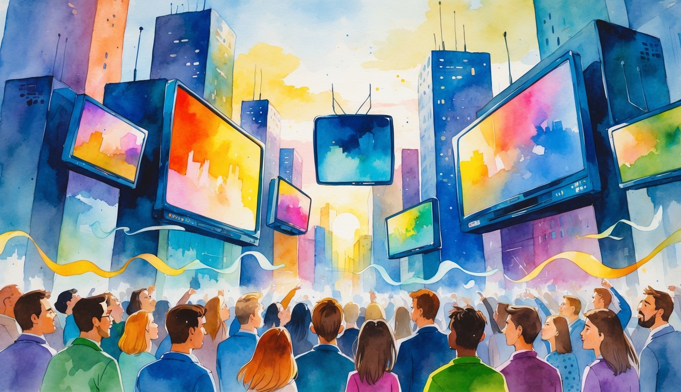 A city scene with large glowing TV screens showing different genres and a crowd watching with surprise and excitement.