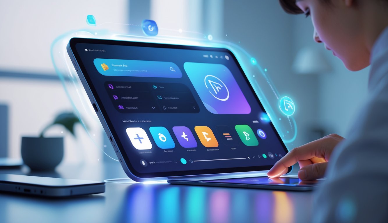 A person using a tablet showing a streaming app interface with glowing icons representing hidden features and advanced controls.