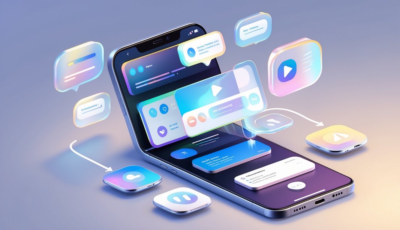 A smartphone displaying a streaming app with hidden interactive and social features, surrounded by holographic icons representing live comments, friend invites, and collaborative playlists.