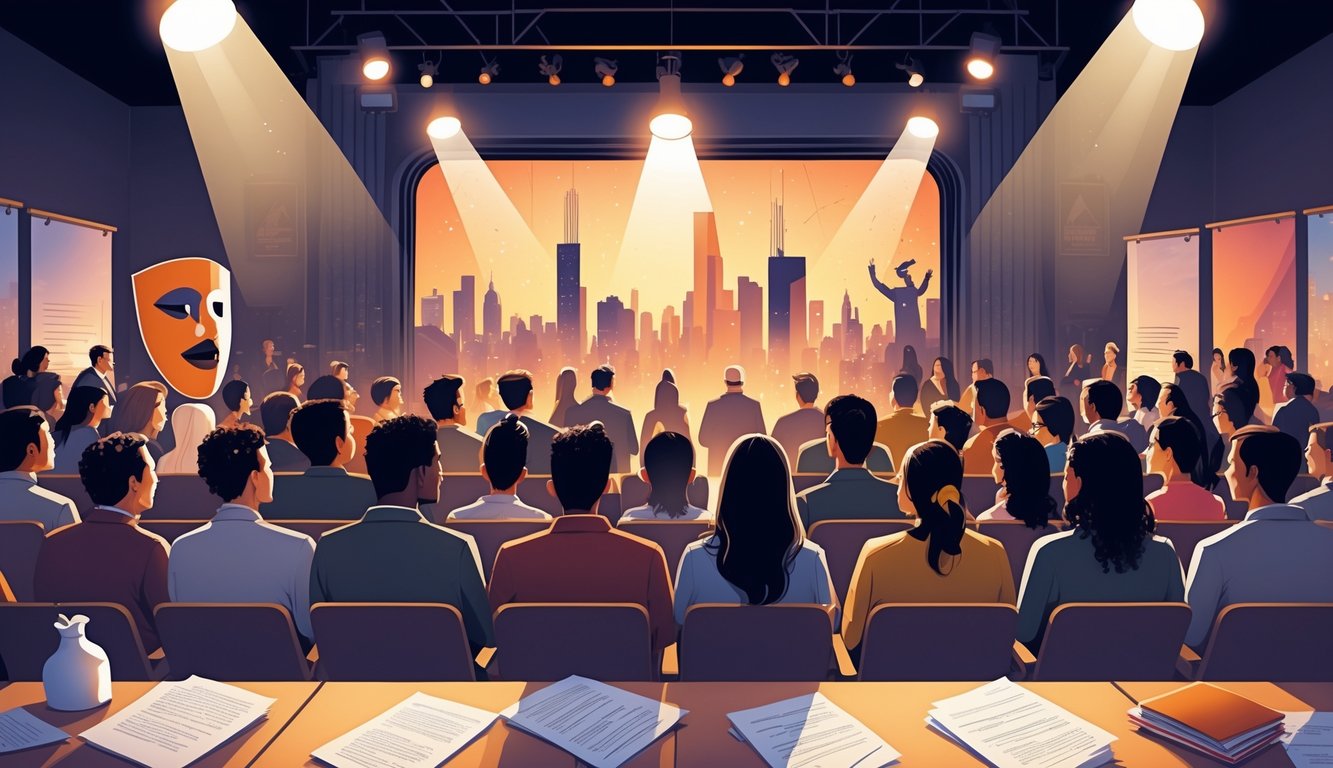 A diverse audience watching a theater stage with symbolic elements representing new drama genres in the United States.