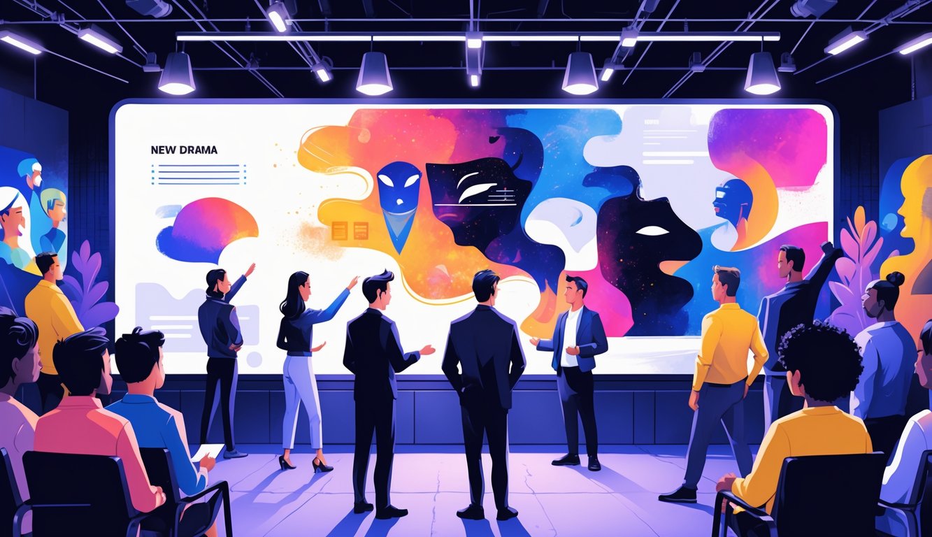 A group of people in a television studio collaborating while viewers watch attentively, symbolizing the rise of new drama genres and their growing audiences.