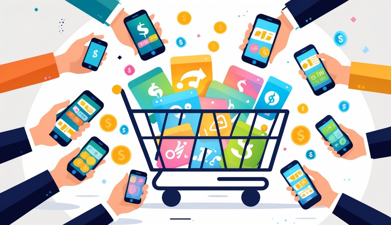 Multiple hands holding devices showing subscription services, with a shopping cart filled with subscription icons and floating symbols of money and discounts around it.