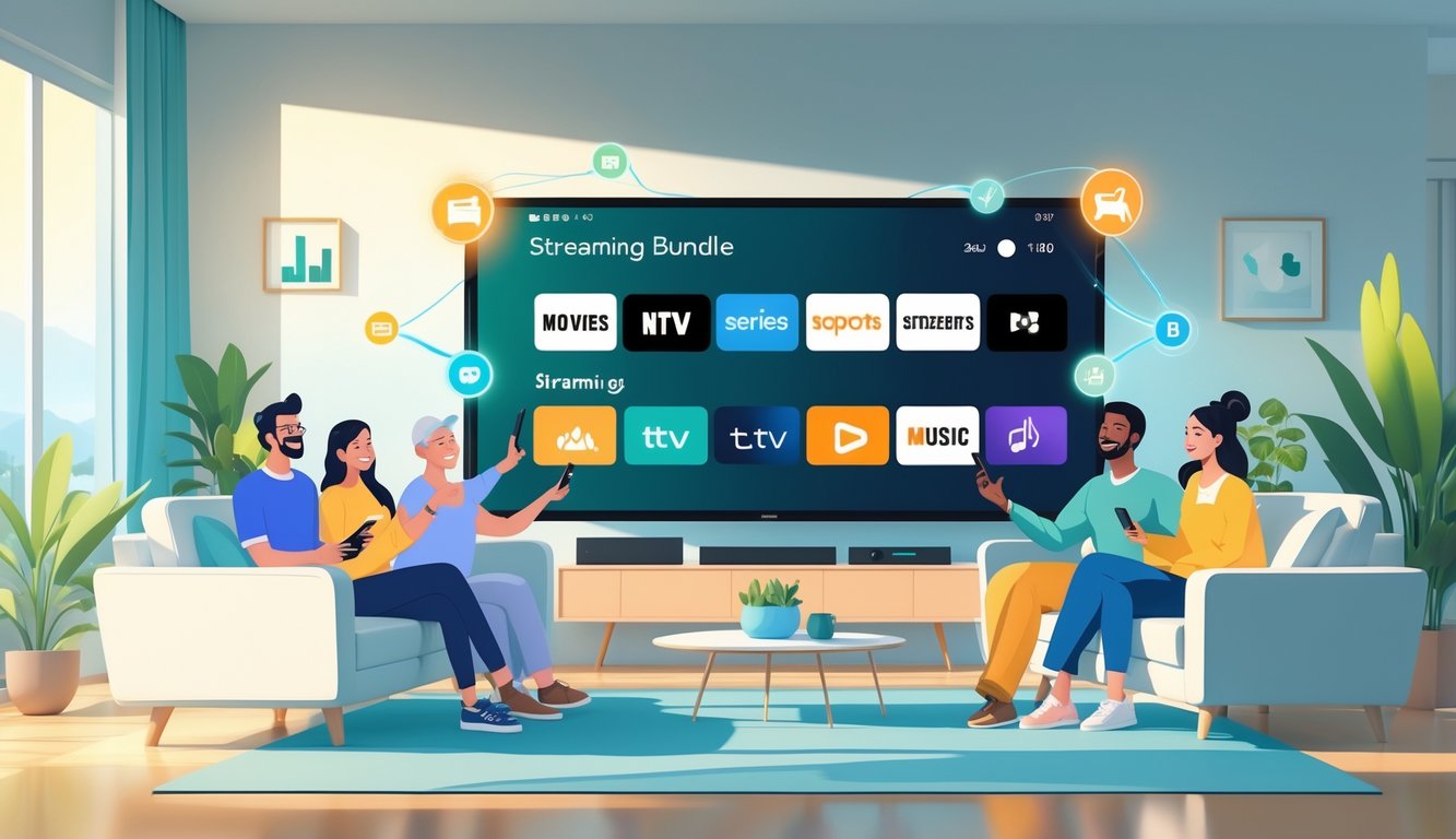 A group of people in a living room happily using devices to watch multiple streaming services on a large TV, surrounded by icons representing different types of content.