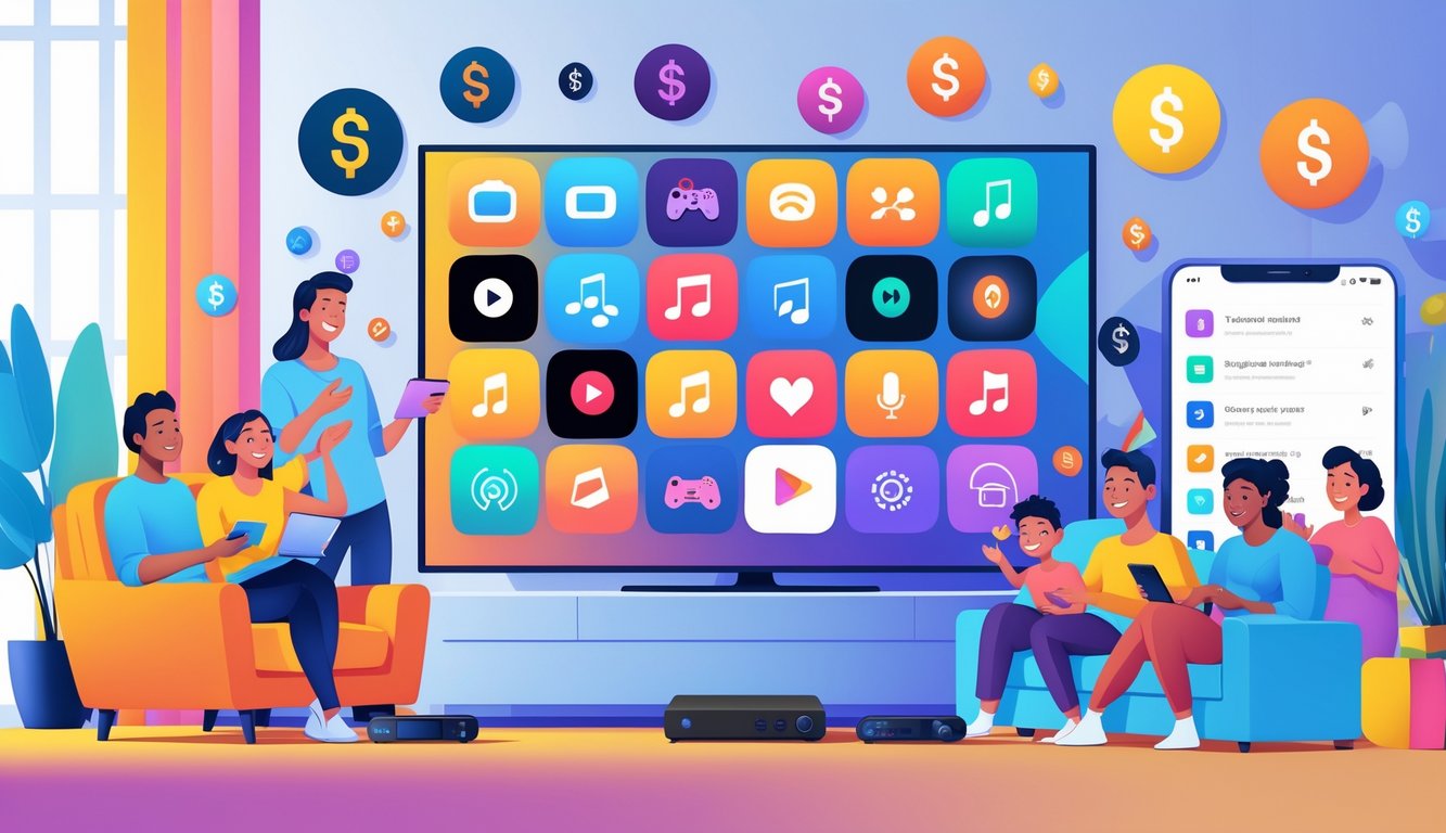A family enjoying various entertainment devices in a living room, including a TV, gaming console, headphones, and tablet, representing bundled subscription services that save money.