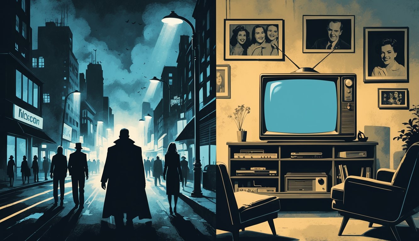 A city at night with shadowy figures representing thrillers on one side, and a faded vintage living room with an old TV and empty chairs representing classic sitcoms on the other.