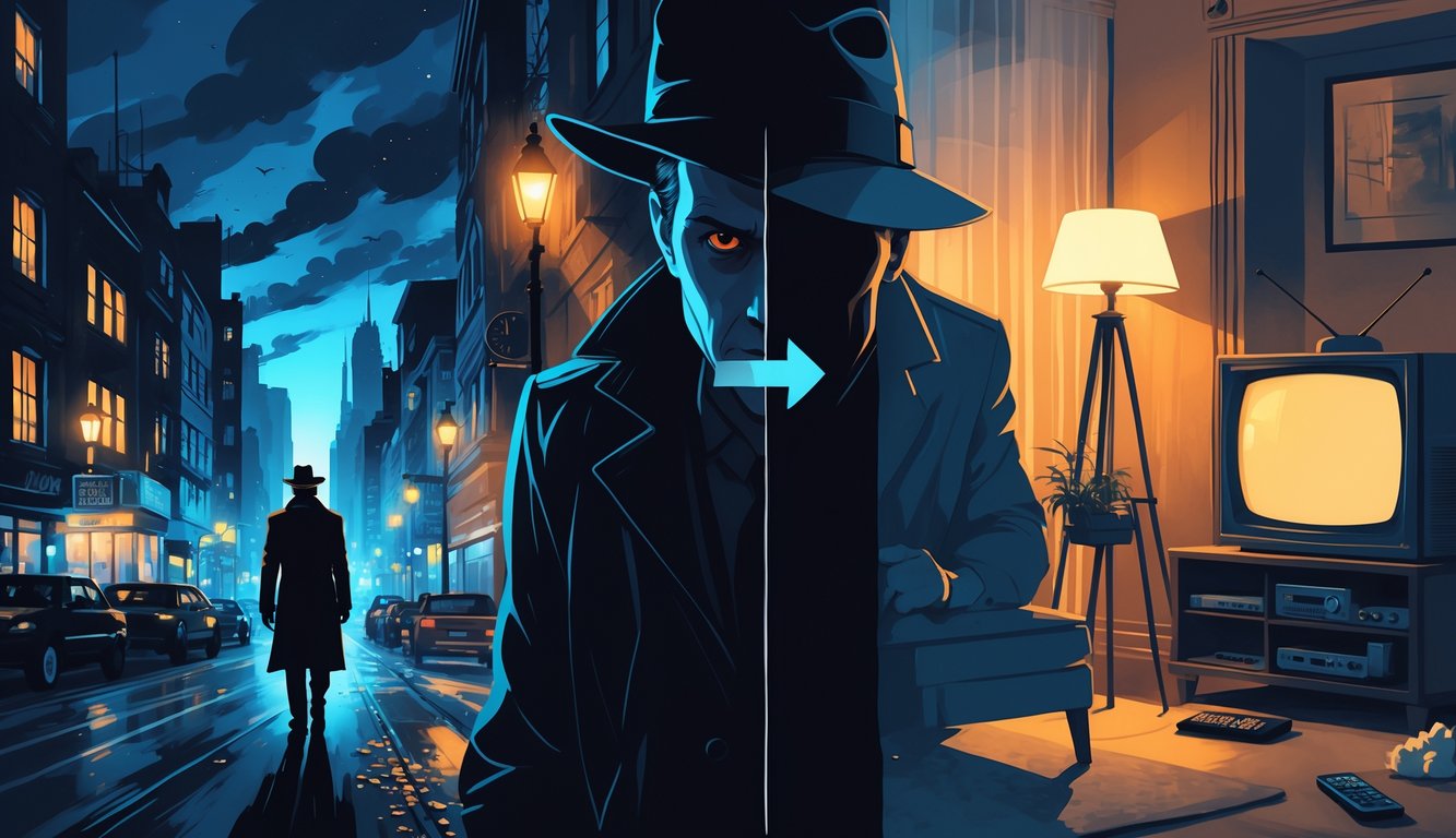 A nighttime city scene with a mysterious figure on one side and a dimly lit living room with an old TV on the other, showing the contrast between thriller popularity and classic sitcom decline.