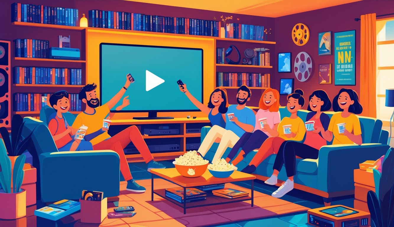 A cozy living room with people watching a movie on a large TV, surrounded by movie collections and streaming devices.
