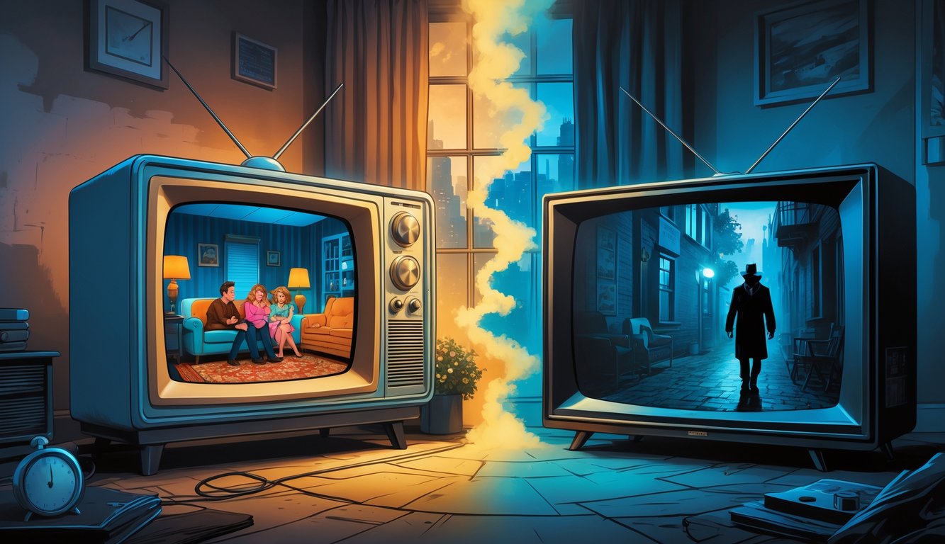 A scene showing a vintage TV with a fading classic sitcom family on one side and a modern TV with a dark thriller figure in an alley on the other, illustrating a shift from sitcoms to thrillers.