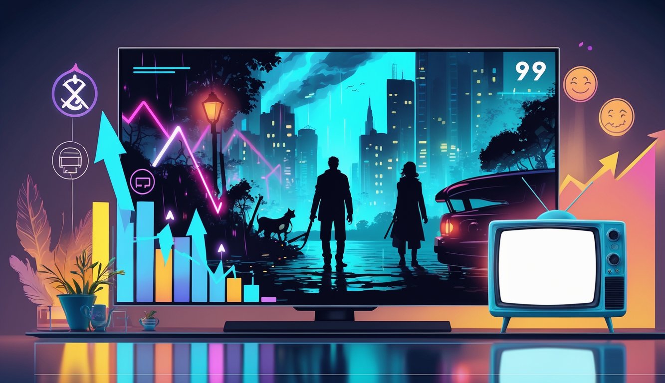 A streaming device showing a dark thriller scene with a city at night, contrasted with a faded vintage TV displaying a cheerful family sitcom, surrounded by graphical elements indicating rising thriller popularity and declining sitcom trends.