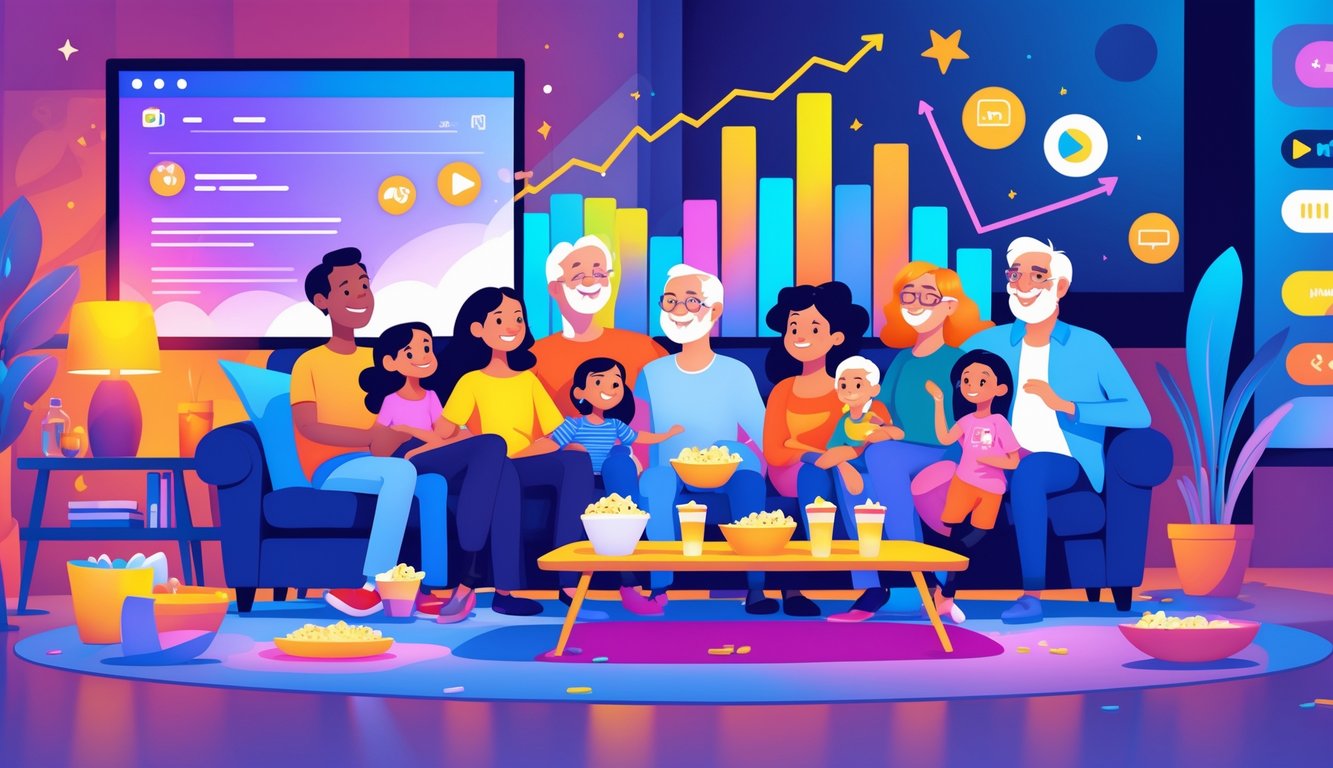 A family of different ages sitting together on a sofa watching TV with snacks, with colorful graphs and streaming icons in the background showing rising popularity.